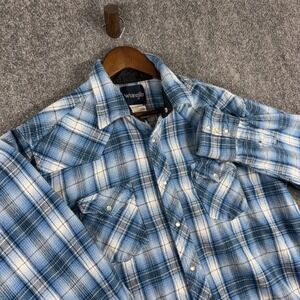 Wrangler Mens Blue White Plaid Flannel Western Pearl Snap Shirt XL 75273AA